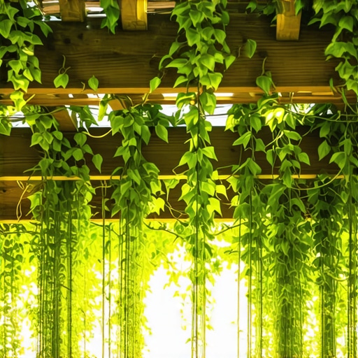 Lush green shade vines growing on a pergola, providing cool outdoor shade